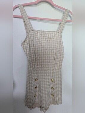 Beige Houndstooth Button-Front Pinafore Romper